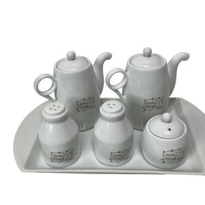 VINTAGE Sumiko.N. Porcelain Tray Tea Milk Carafes Salt Pepper‎ Sugar White Table